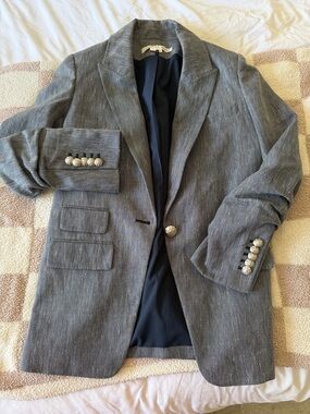 Veronica Beard Charcoal Herringbone Blazer with Silver Buttons